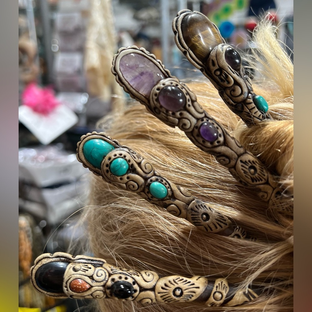 Bohemian Hair Sticks with Turquoise, Amethyst, Tiger Eye, Black Onyx